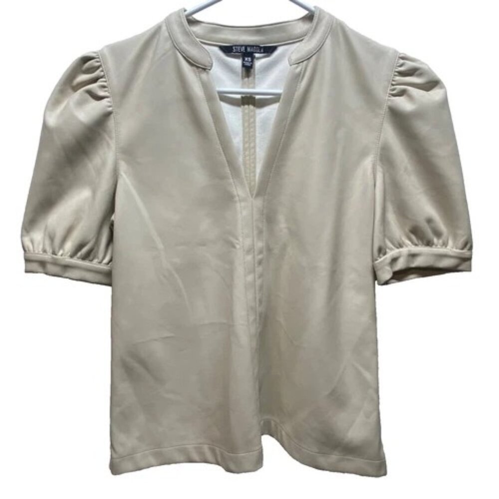 Steve Madden Jane Puff Sleeve Faux Leather Blouse Women's XS‎ Stone V-Neck EUC